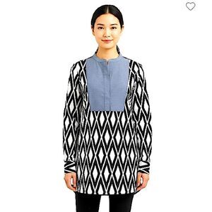 J. Crew Black & White Geometric Diamond Print Tunic with Chambray Bib Size Small